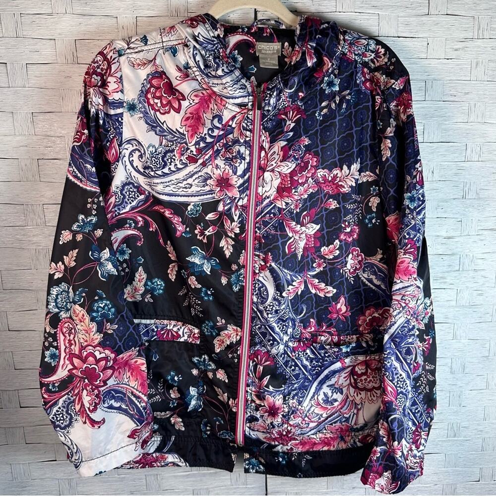 Chicos Women's windbreaker pockets, Paisley floral coastal travel light weight